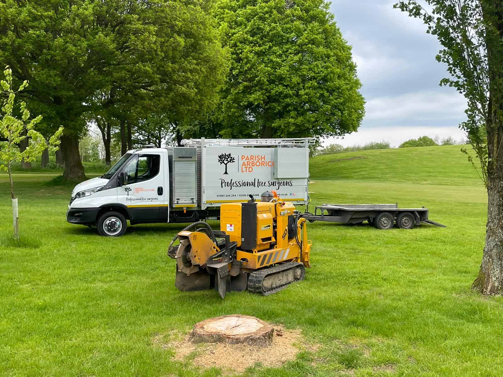 Parish Arboriculture truck and grinder at work