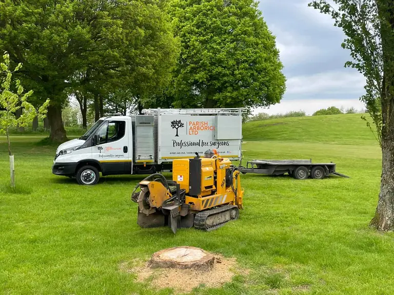 Parish Arboriculture truck and grinder at work